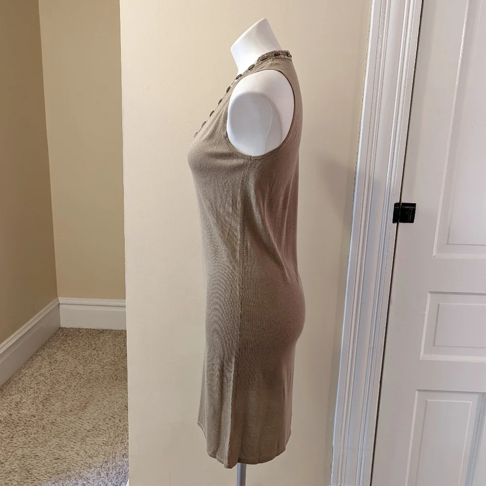 Magaschoni tan beaded neckline silk/cashmere blend tank sweater dress. - Picture 2 of 9